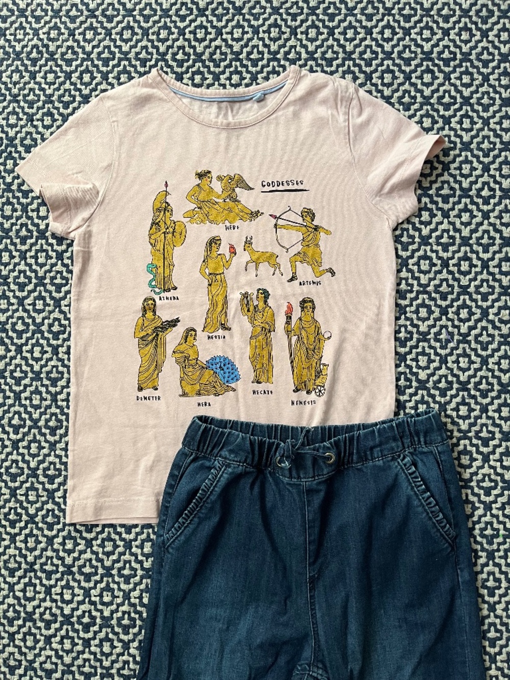 Mini Boden Girls Pink Foil Graphic Greek Goddesses tshirt & Denim Frill Joggers